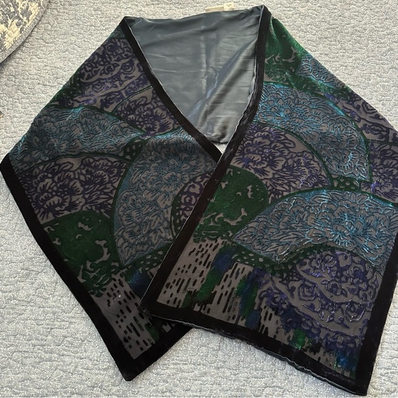 Chico's Shawl Wrap Green Blue Burn Out Velvet Silk Large Rectangle 13” x 62” - Picture 2 of 5